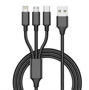 1M USB 3-in-1 Multi Charger Cable with Metal Plug + Cotton Braided -0