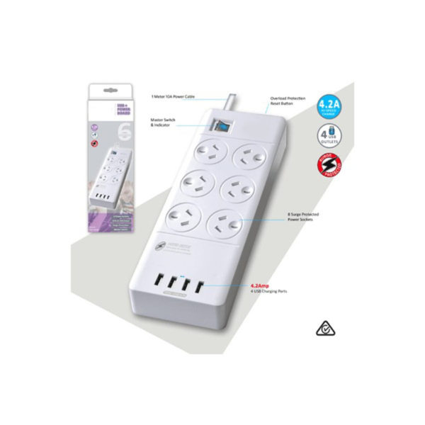 6 Way Surge Protected Power Board With USB Chargers-0