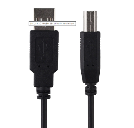 5M USB 2.0 AM/BM 28+24AWG Cable in Black-10627