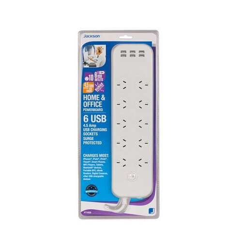 Jackson 10 Power Outlets/6 USB Charging Ports Powerboard White-11662