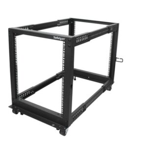 StarTech.com 12U Adjustable Depth Open Frame 4 Post Server Rack With Casters / Levellers And Cable Management Hooks Black