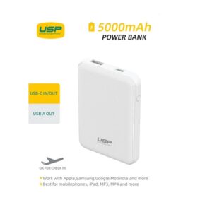 USP Mini 5K mAh Power Bank 18.5W with Dual Ports USB-C + USB-A White