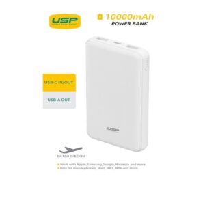 USP 10K mAh Power Bank 37w With Triple Ports USB-C + Dual USB-A White