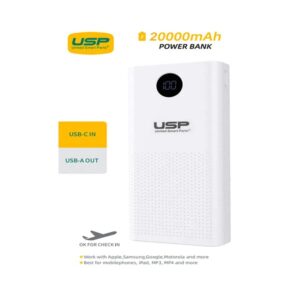 USP 20K mAh Power Bank 2 USB-A Outputs 5w And 10w 2 USB Input Charge 2 Devices White